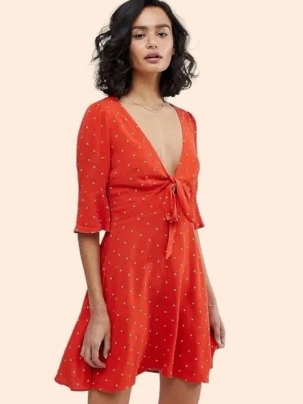 Free People All Yours Orange Polka Dot Tie Front Summer Boho Retro Mini Dress XS